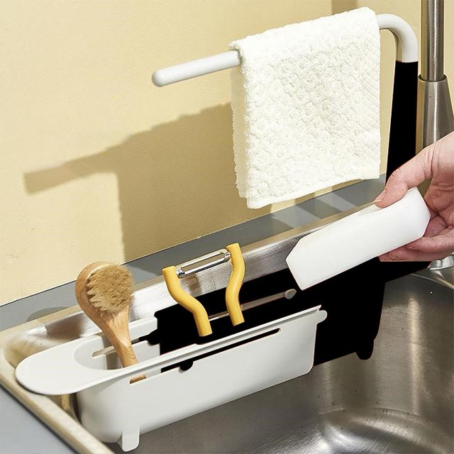 Rejillas de desagüe telescópicas para fregadero, organizador de cesta de jabón, almacenamiento de cocina (negro)