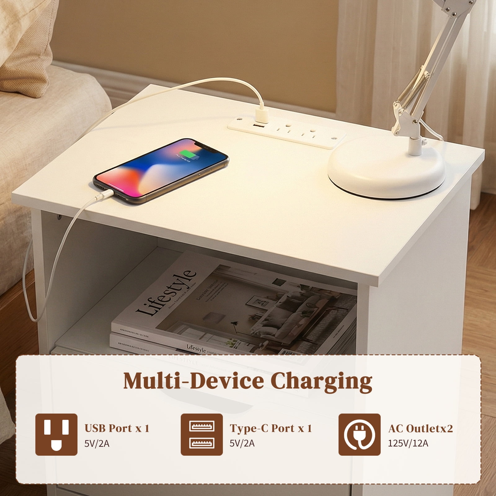 Ktaxon Set of 1 NightStand with Charging Station BedsideTable with 2 Storage Drawers,End Side for Bedroom,Country Style White