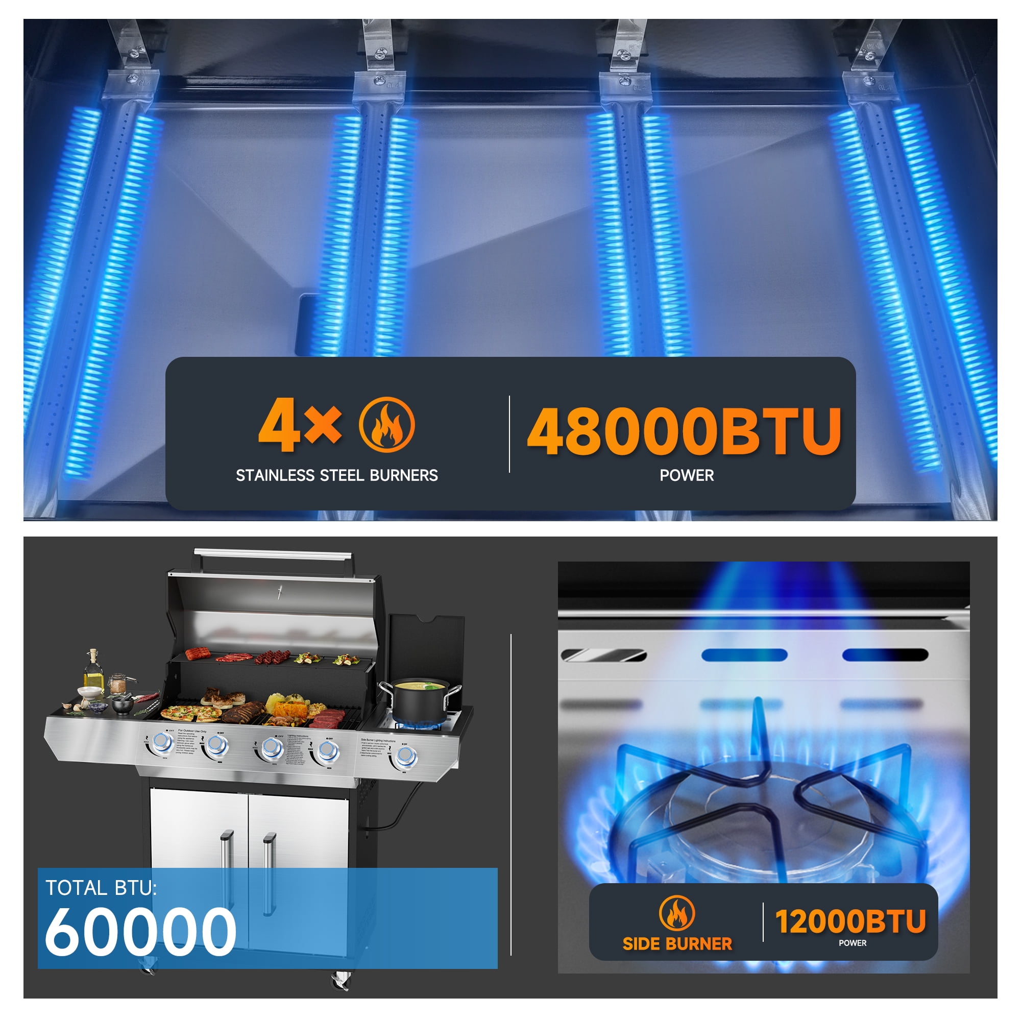 SKOK 4-Burner Gas Grill with Side Burner & Porcelain-Enameled Cast Iron Grates, 60,000 BTU, 629 sq. in. Cooking Area & LED Light Knobs for Outdoor Cooking