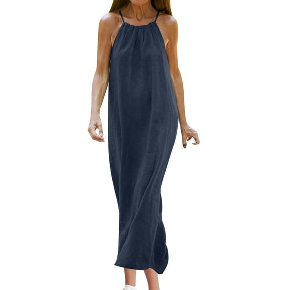 STETMN Women's Summer Spaghetti Straps Linen Sleeveless Maxi Long Flowy Dress