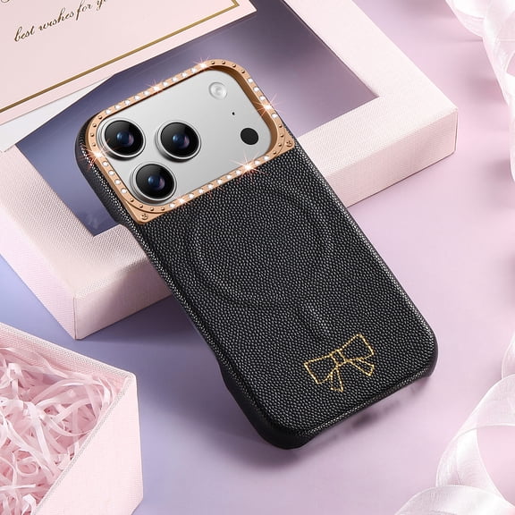 ELEHOLD Magnetic Case for iPhone 17 Pro Max, Shockproof Faux Leather Phone Cover, Glitter Zinc Alloy Camera Frame,Black