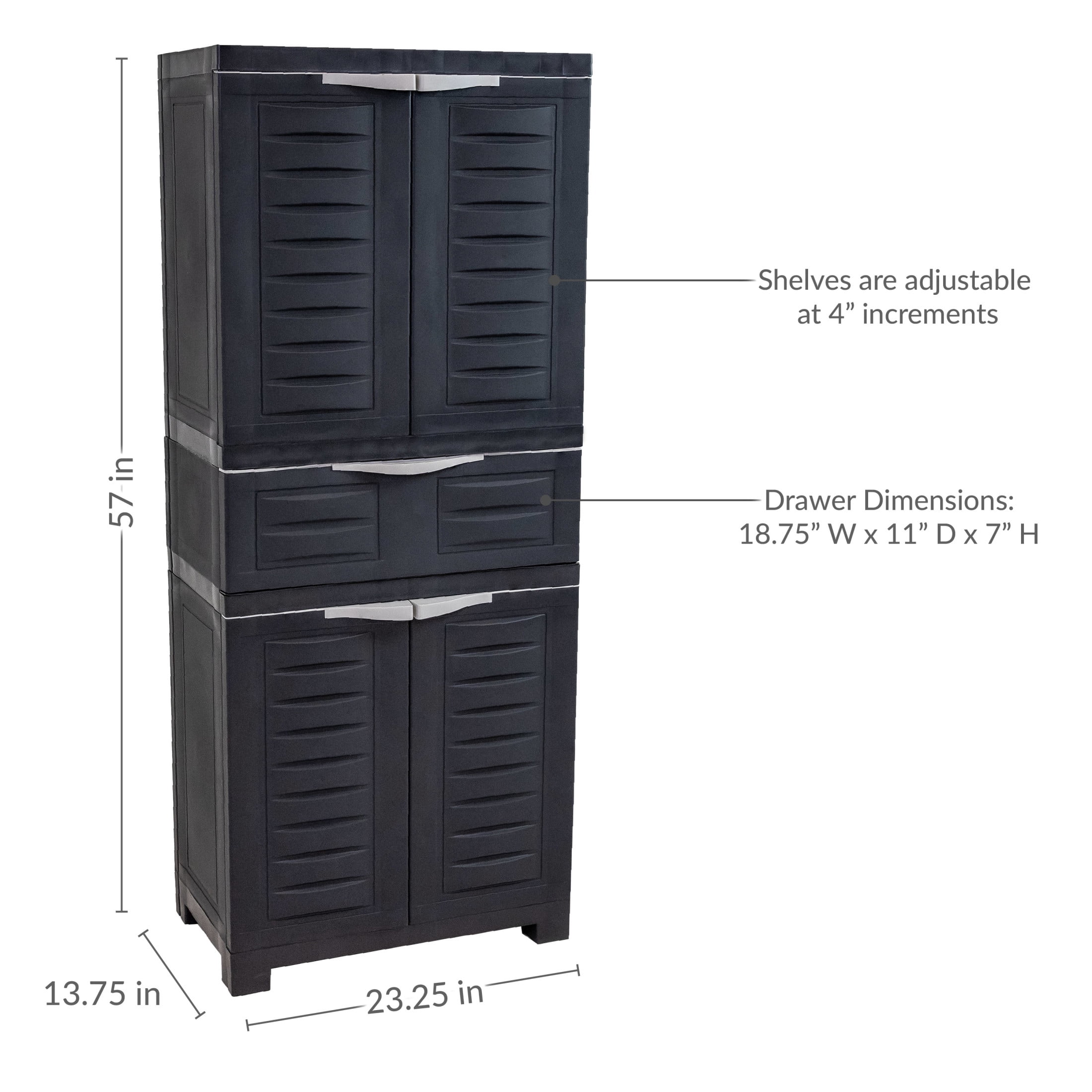 Sunnydaze Adjustable 57" Plastic 2-Shelf 1-Drawer Freestanding Storage Cabinet, Charcoal