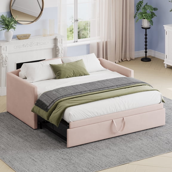 Harper & Bright Designs Twin Size Daybed with Extended Pop Up Trundle, Upholstered Sofa Bed Daybed, Twin to King Space-Saving Daybed Frame for Guest Room Bedroom, Pink