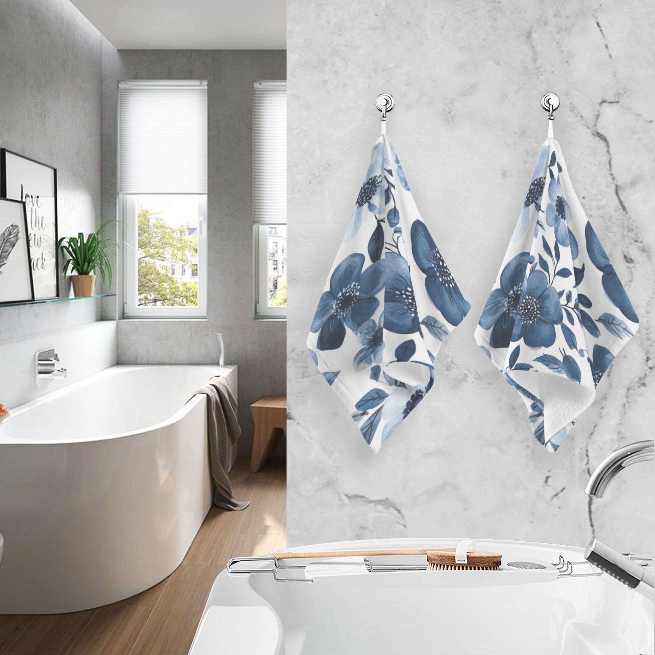 Cotton Towel Two-Piece 16x28 Inch One Sizex2 Face Towel Set Towel Set Cotton Hand Bath Towel Bathroom Beach Beautiful Navy Flowers