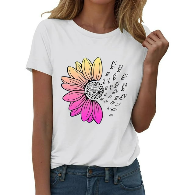 WEIYLL T-Shirt Women Flower Print Short Sleeve Versatile White Tees Sizes L