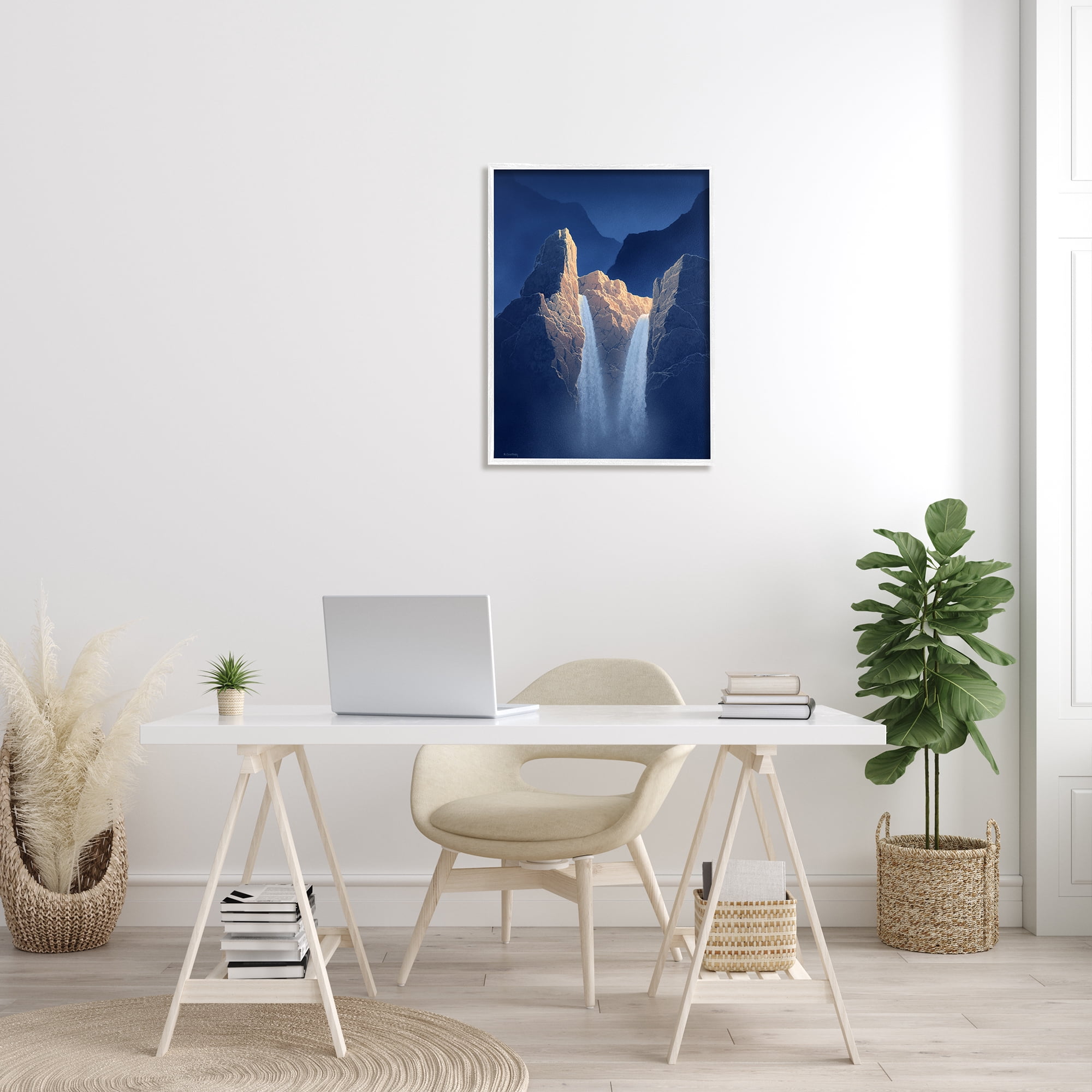 Stupell Two Waterfalls Nighttime Peaks Landscape Painting White Framed Art Print Wall Art