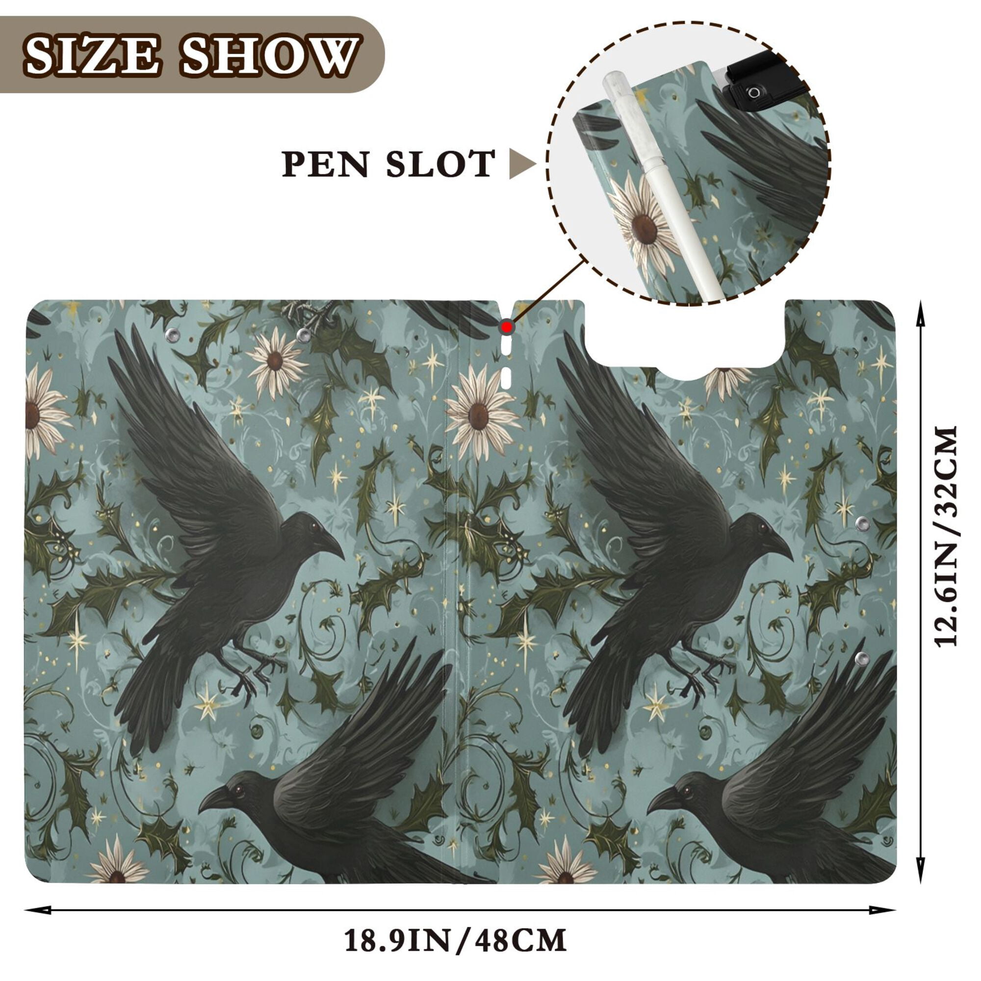 FORMRS A4 Clipboard Folder with Pen Holder Horizontal Foldable School Office Binder, Mystic Crows Pattern