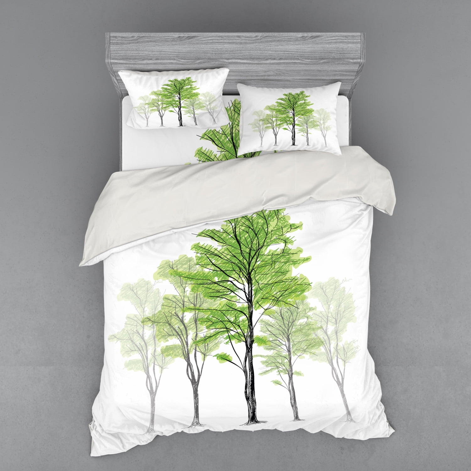 Forest Duvet Cover Set, Sketch Style Tree with Green ...