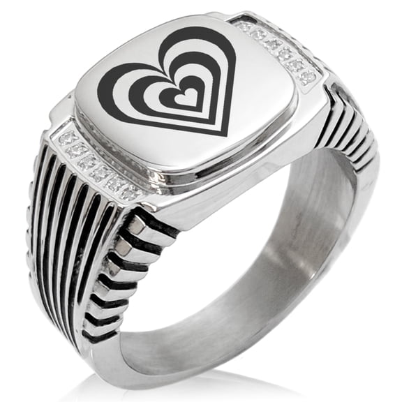 Stainless Steel Hypnotic Love Heart CZ Ribbed Needle Stripe Pattern Biker Style Polished Ring
