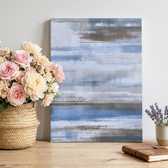 Grey Blue Paint Canvas Wall Art, Watercolor Abstract Light Blue Stripes Framed Canvas Wall Decor Picture Print Artwork Decorations for Living Room Office Ready to Hang 12" x 8"