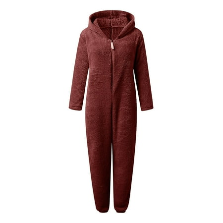 

vbnergoie Women Long Sleeve Hooded Jumpsuit Pajamas Casual Winter Warm Rompe Sleepwear Women s Fleece Jackets & Coats Little Black Jacket