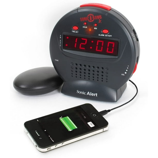 Sonic Alert Grey/Red Sonic Bomb Junior Alarm Clock with Bed Shaker Vibrating Alarm Clock for