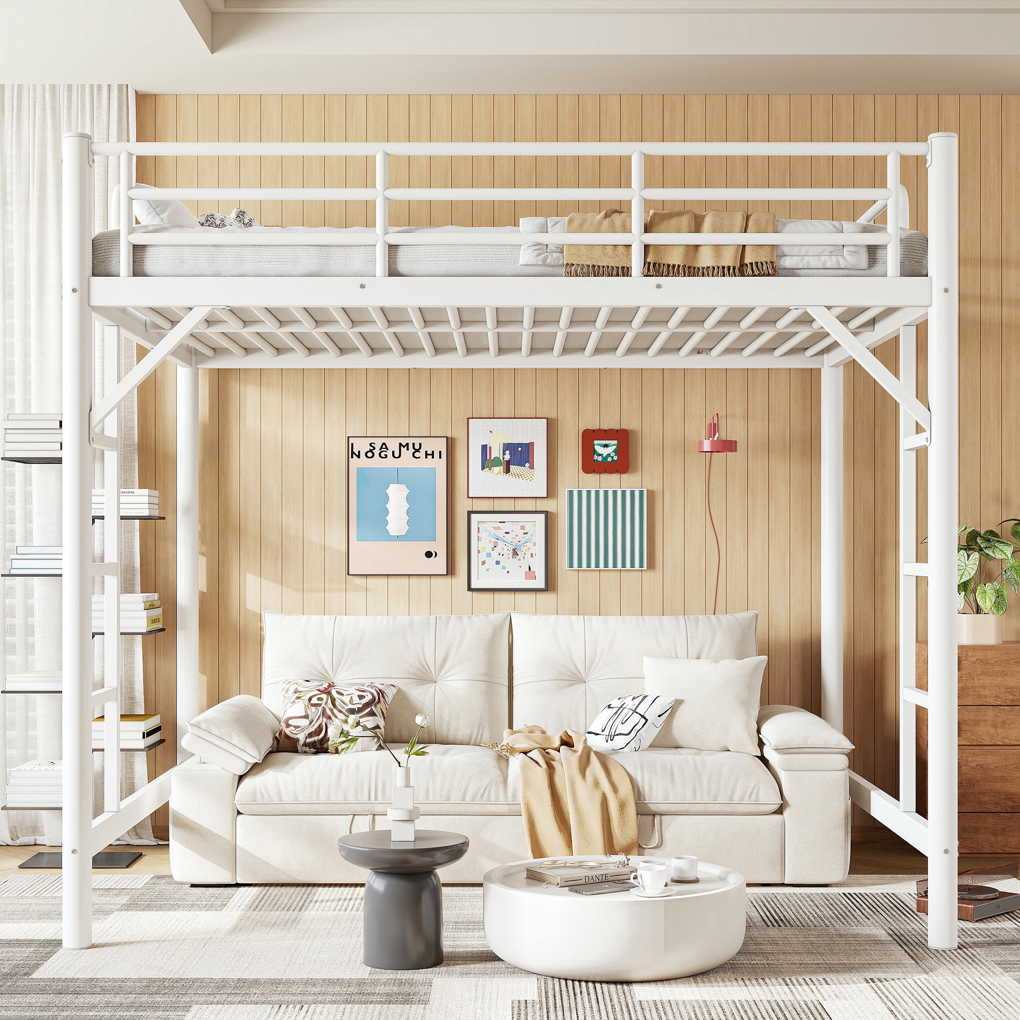 Mintazer Full Metal Loft Bed Frame with Side Ladders & Guardrails for Teens Adults, No Box Spring Needed, White