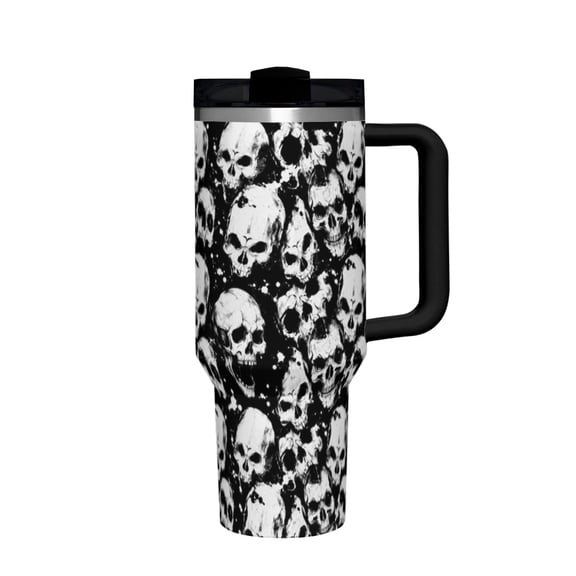Hakunofo 40 oz Black White Skull Halloween Tumbler with Handle Straw and Lid, Stainless Steel Travel Coffee Cup for Halloween Gift Home Office