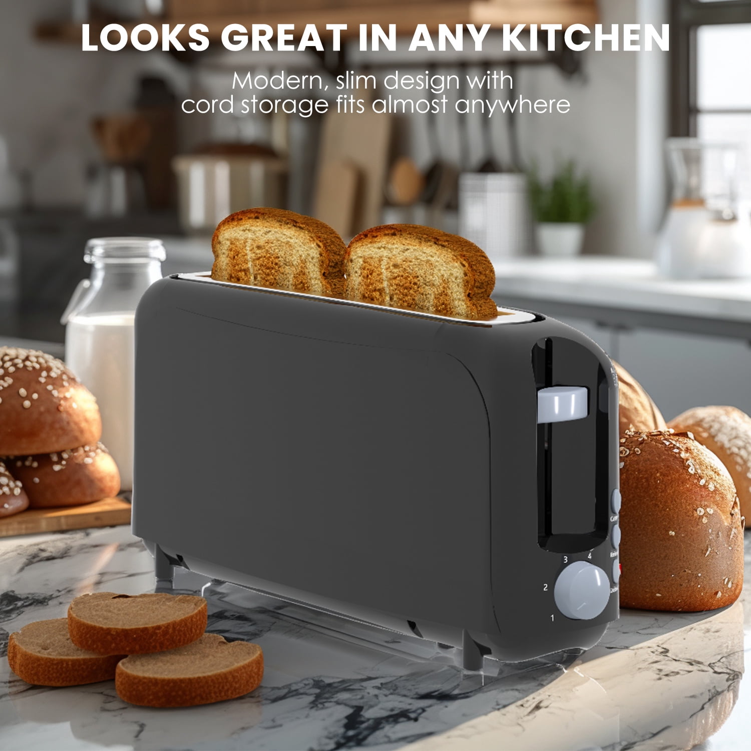Slim 2-Slice Toaster, 10" Long Slot,6 Shade Settings with Cancel, Reheat & Defrost, Auto Shut off, Removable Crumb Tray，Black