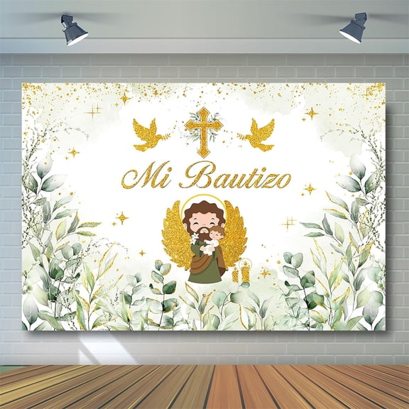 Mi Bautizo Backdrop First Holy Communion Christening Photography Background for Boys Gold Bless Greenery Newborn Baptism Party Decorations Banner Supplies Photo Booth Props