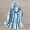 thumbnail image 2 of hoksml Women's Denim Shacket with Hood, Long Sleeve Button Down Oversized Top, Relaxed Fit Utility Jacket with Pockets for Daily Casual Outfit, 2 of 8