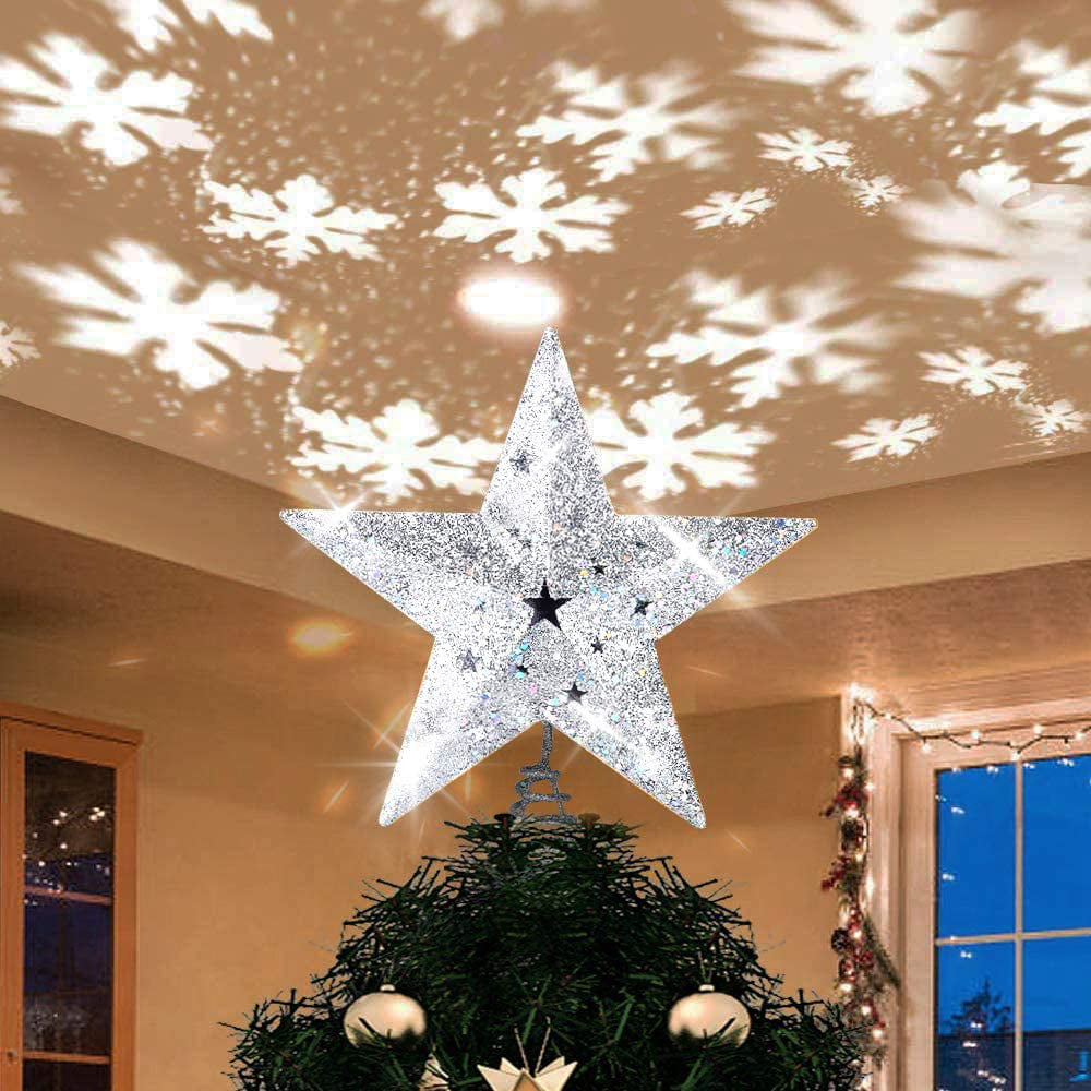 3D Hollow Star Christmas Tree Topper LED Snowflake Projector Lights Decoration 