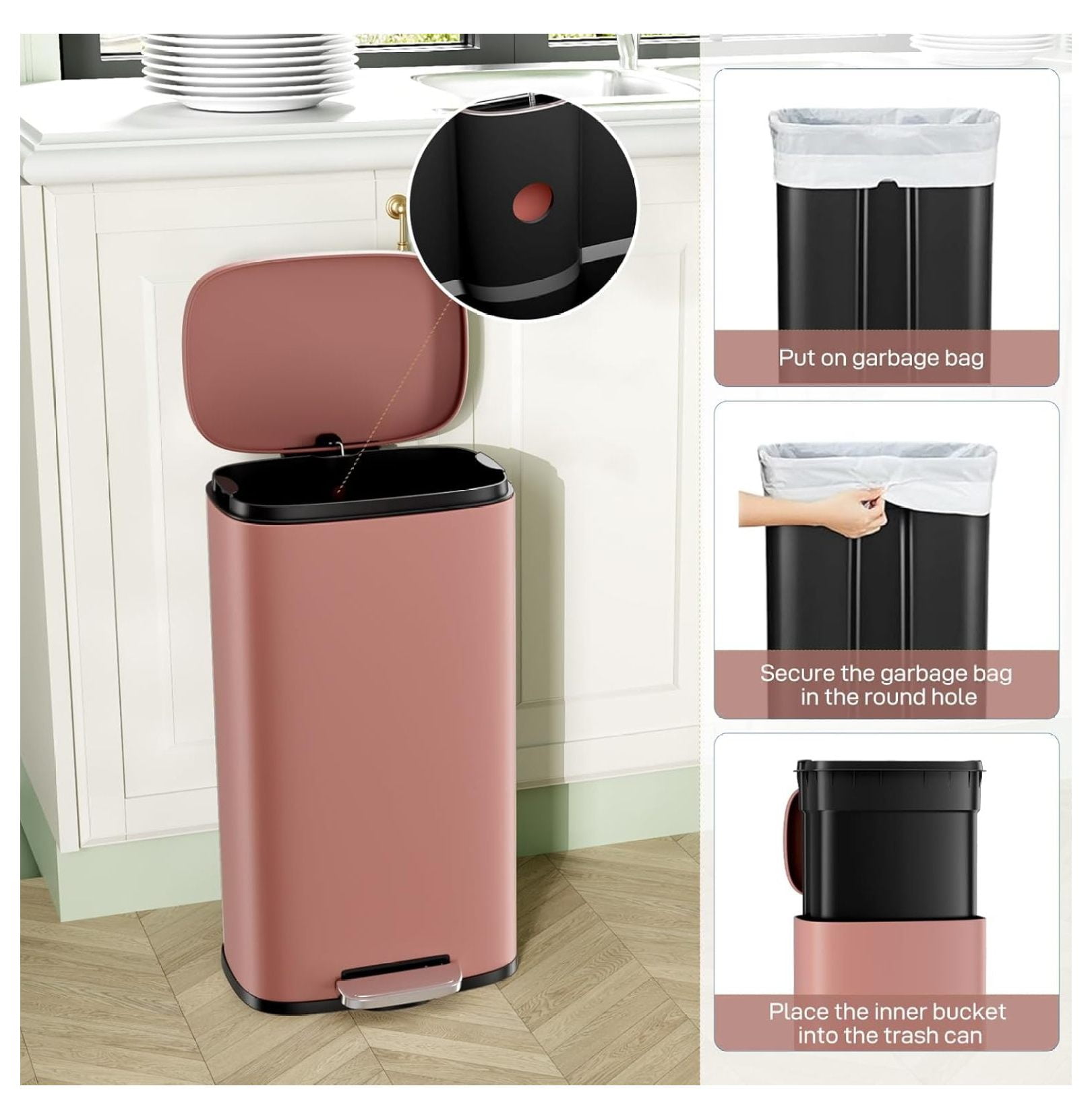 8/13.2 Gallon Step Trash Can, Stainless Steel Garbage Bin, Soft-Close Rubbish Bin with Removable Plastic Inner Bucket, Fingerprint-Proof, Lid Dustbin, Suit for Kitchen Home (Pink, 50L)