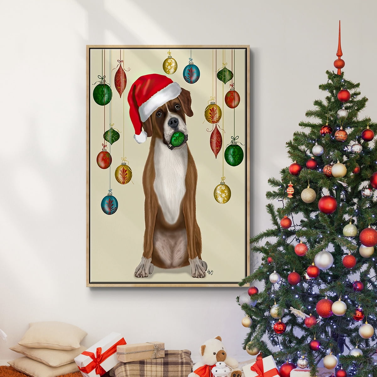 Christmas Boxer and Bauble Ball - Framed Gallery Wrapped Holiday Canvas - 17 x 25 - Natural Wood Frame