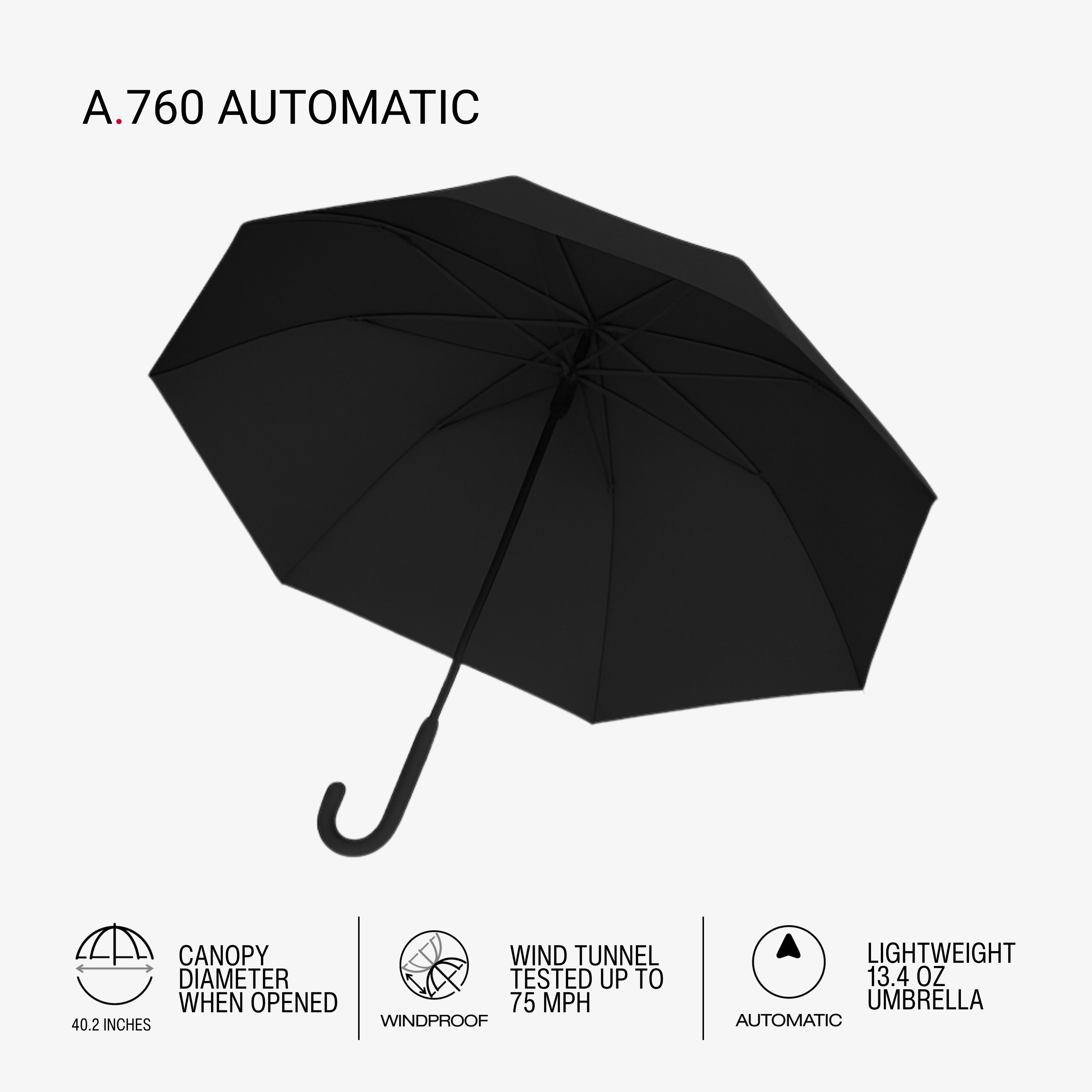 Knirps A.760 Curved Handle Rain Umbrella for Adults in Black – 42" Windproof Automatic Open Canopy, Ultra Lightweight Steel Aluminum Frame with Large Button, Rounded Tips, Polyester Case Included