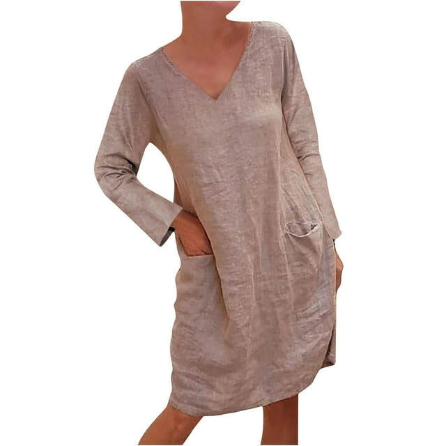 Robes pour Femmes 2022 Col en V Imprimé Floral Manches Longues Poche Décontractée Ample Chandail Midi Robe de Plage