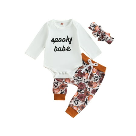

Emmababy Fashionable Baby Girls Halloween Ensemble with Letters Romper Flower Skull Pants and Headband