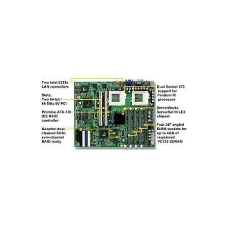 TyanS2518UGNThunder Le-T Dual socket 370 motherboard. Supports up to two Intel Pentium III Processors, VRM 8.5 spec, ServerWorks ServerSet III LE3 chipset, FSB 100/133 MHz, 4 3.3v 168-pin DIMM