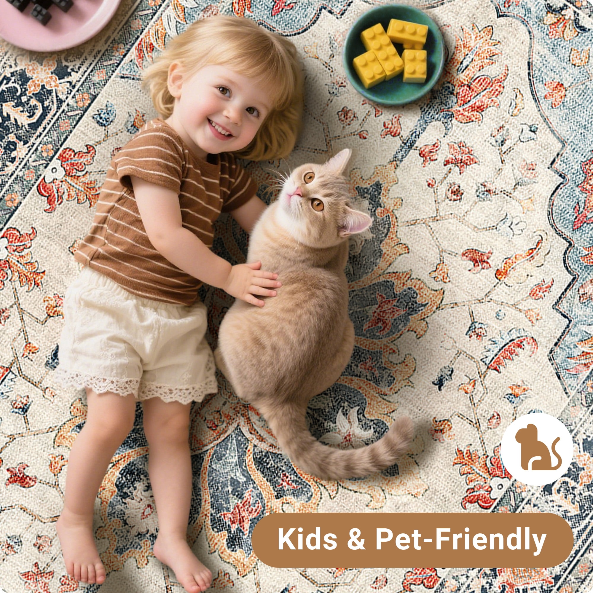 NewBuros 6'x9' Washable Area Rug for Living Room, Non Slip Vintage Distress Print Pattern Floral Rug, Soft Low Pile Indoor Carpet for Bedroom Dining Room, Beige Colorful