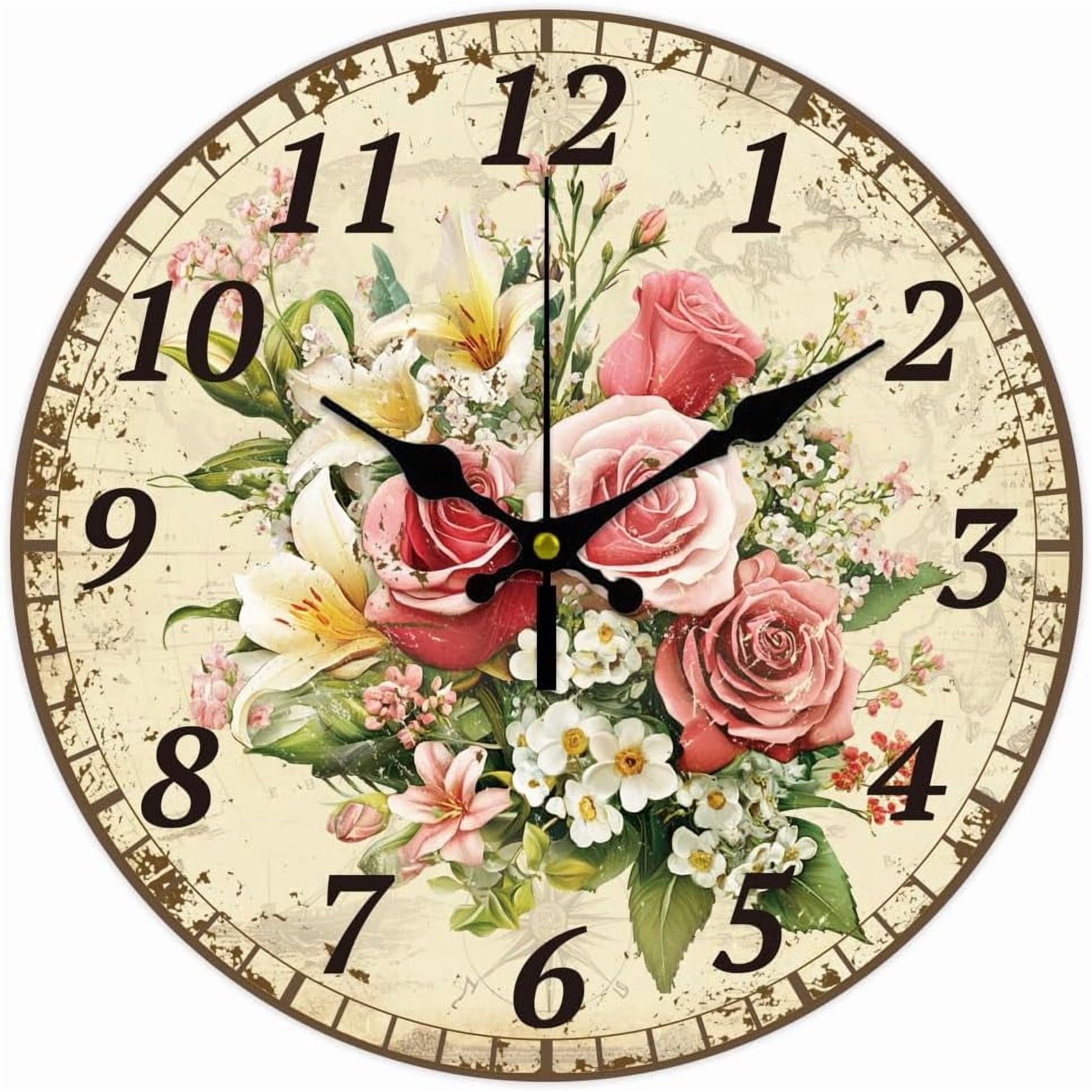 12 Inch Wall Clock Retro Flowers Wall Clock Battery Operated Non Ticking Silent Flowers Decorative Kitchen Clock for Living Room Bedroom Home Office Decor Mixed Color