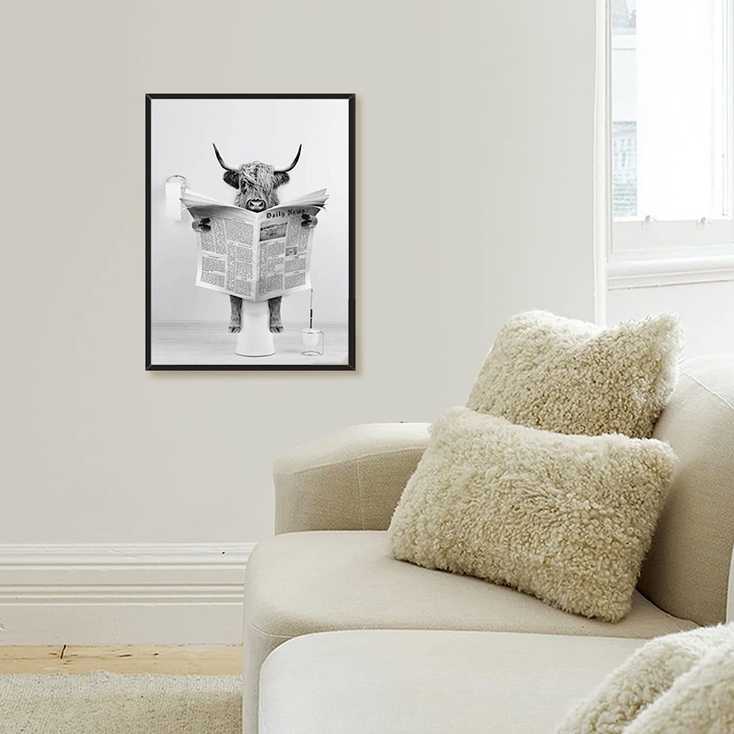 Modern Black Framed Highland Cow Wall Art Minimalist Bathroom Wall Decor Cute Funny Animals Artwork Canvas Prints Ready to Hang for Guest Bathroom, Hotel, Condo, Kids Bathroom, 12x16