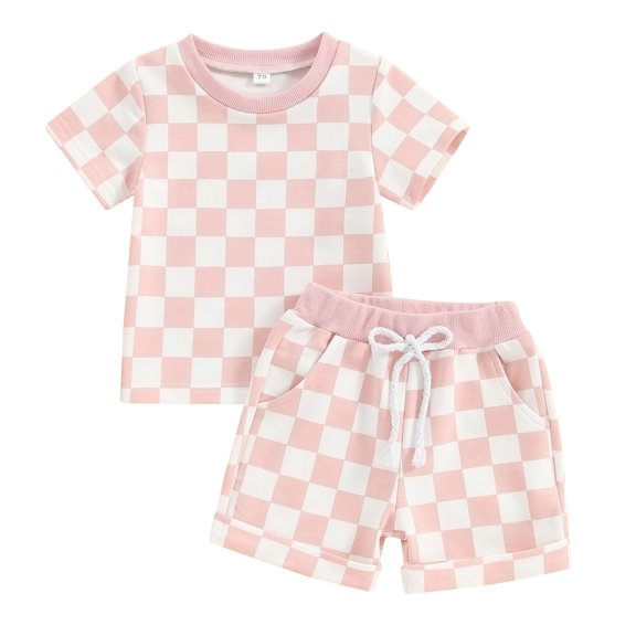 Bagilaanoe 2pcs Toddler Baby Girl Boy Shorts Set Short Sleeve Checkerboard T Shirt Tops Shorts 6M 12M 18M 24M 3T Kids Casual Summer Clothes
