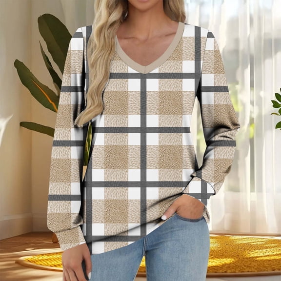 Womens Oversized Plaid Shirt V Neck Flannel Long Sleeve Pullover Tops Comfy Casual Winter Outfits with Pockets
