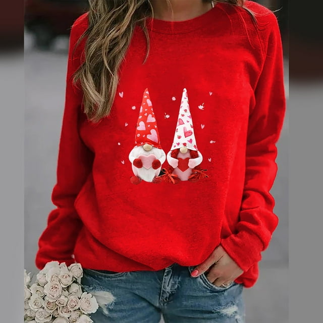 Meichang T-Shirts de la Saint-Valentin pour Femmes Imprimé Cœur Tee Tops Manches Longues Col Rond Pull de Vacances en Solde Cadeaux de la Saint-Valentin