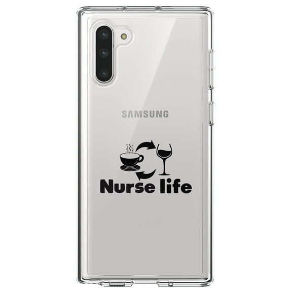 DistinctInk Clear Shockproof Hybrid Case for Samsung Galaxy Note 10 (6.3" Screen) - TPU Bumper Acrylic Back Tempered Glass Screen Protector - Nurse Life - Coffee, Wine, Repeat