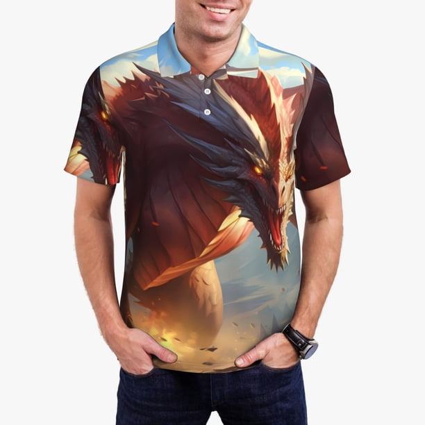 Fotbe Ferocious Dragon Fury Camiseta Polo de Golf para Hombre con Estampado – Camisa Deportiva Transpirable con Cuello Abotonado-Small