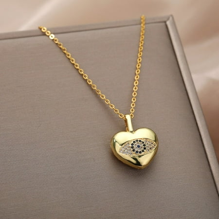 

QWZNDZGR 316L Stainless Steel Devil s Eye Green Stone Crystal Blue eyes Multilayer Pendant Chain Necklace For Women Jewelry Dropshipping
