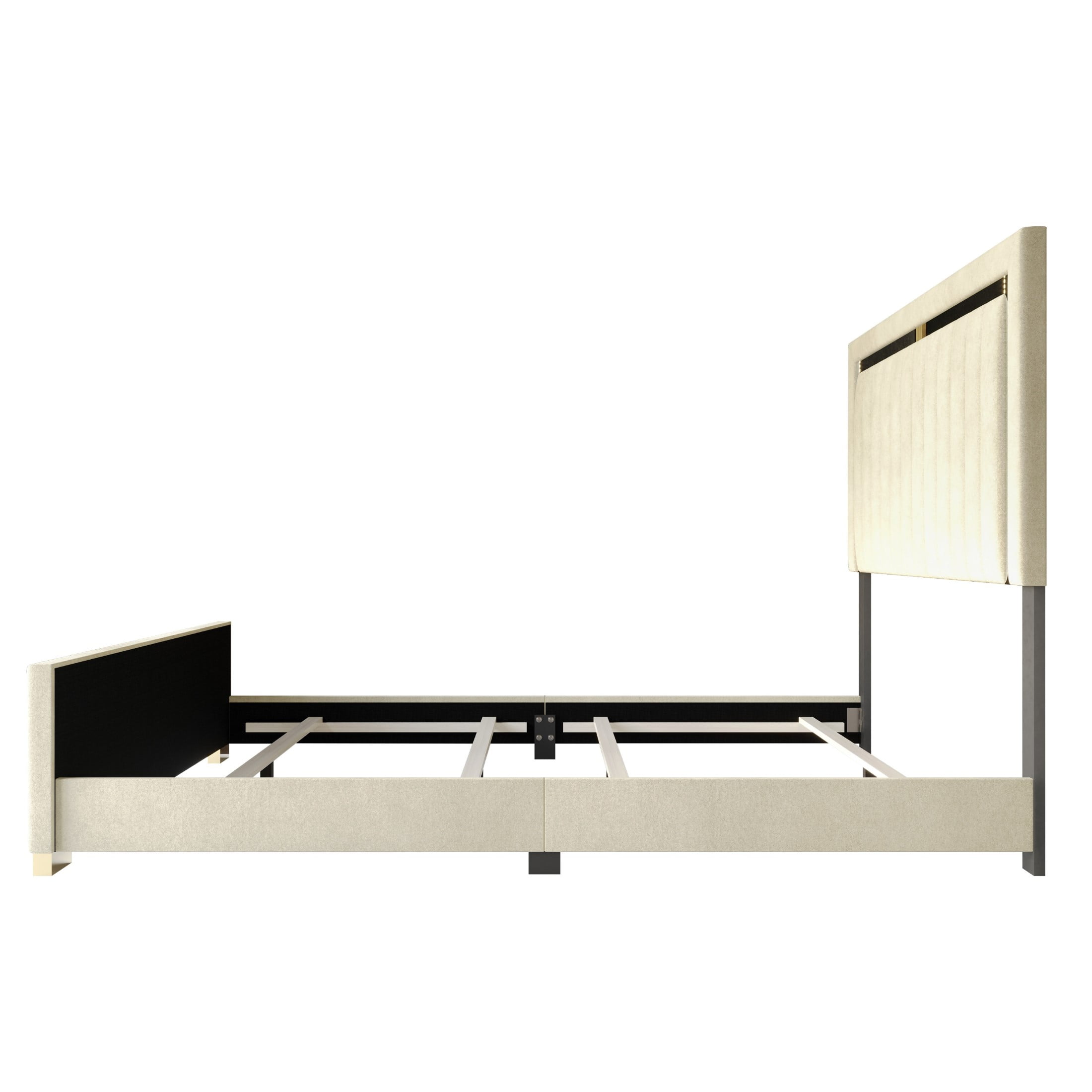 Home Design Olathe Queen Upholstered Panel Bed Frame with Channel-Tufted Headboard and Gold Acrylic Strip Accents, Beige, Easy Assembly