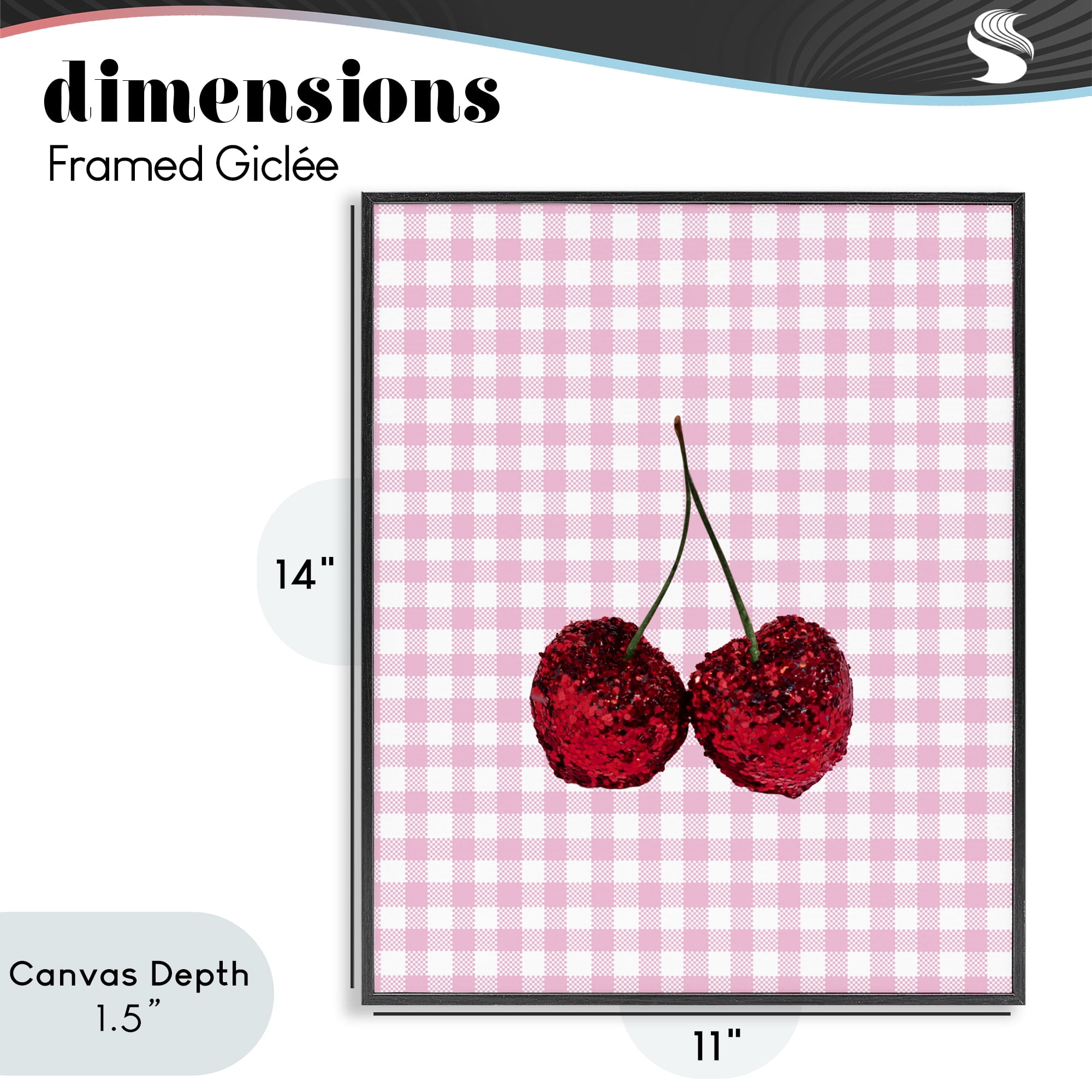 Stupell Industries Glitter Cherry on Pink Gingham Black Framed Giclee Art, design by LISH Creative