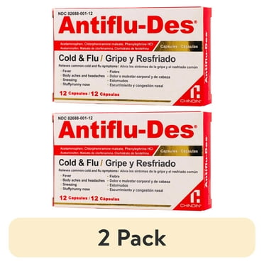 (2 pack) Antiflu-Des Cold and Flu, Symptoms Relief, Fever Reducer, 12 Caps, Box