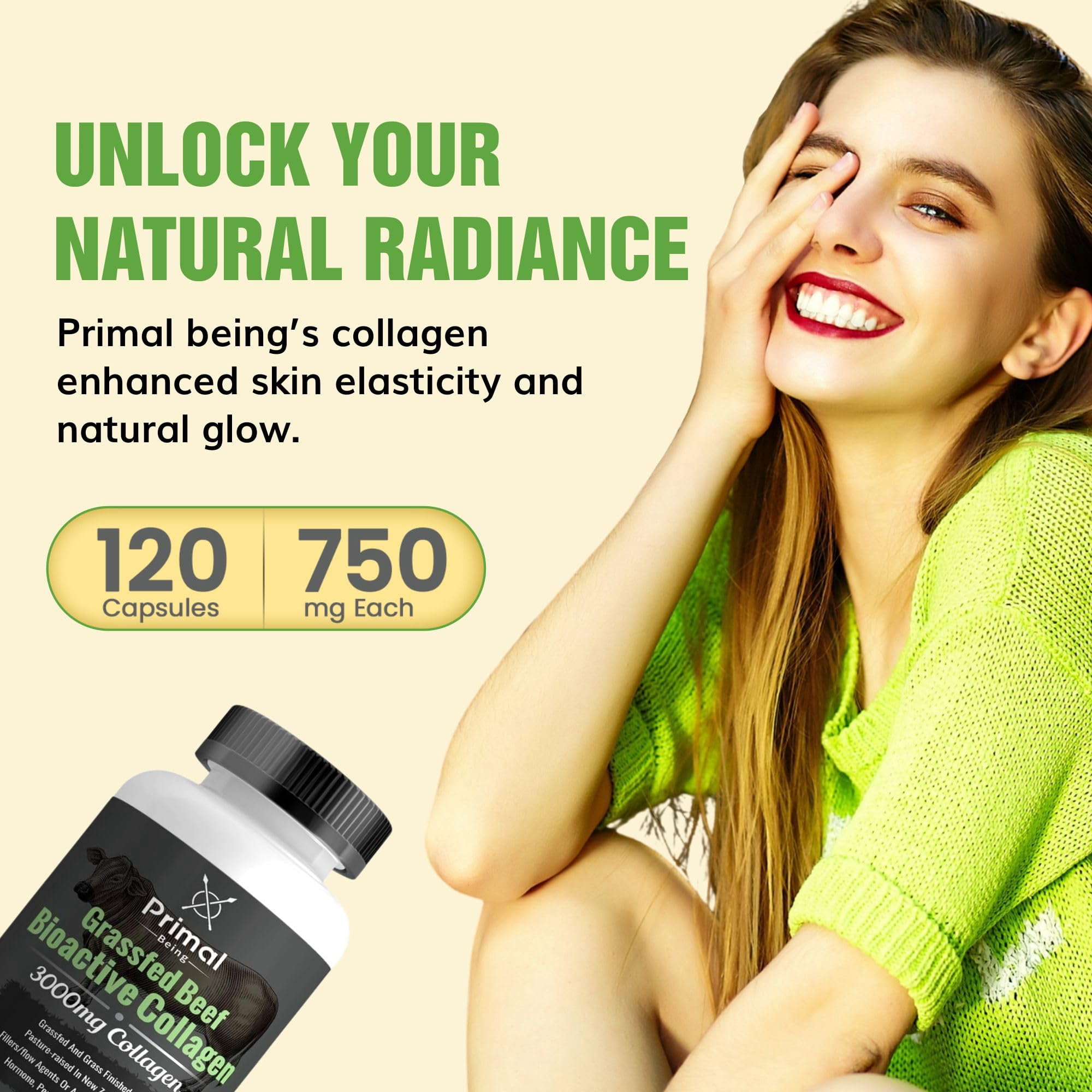 Primal Being Grassfed Beef Cartilage Collagen (Type I-V & XI)- Supports Hair, Skin, Nails, Joint Health, Immunity, Digestion, Post Exercise Recovery - 120 Capsules, 3000 mg per Serving
