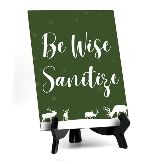 Be Wise Sanitize Sign with Easel, Reindeer Design 6 x 8" (Green)