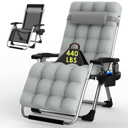 PNKKODW 26  Zero Gravity Chair  Reclining Camping Lounge Chair w/Removable Cushion  Cup Holder  Reclining Patio Chairs Folding Recliner for Indoor and Outdoor Gray