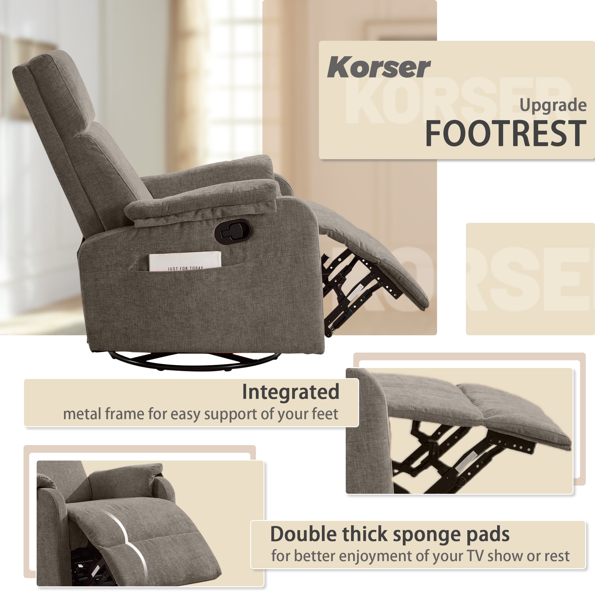 Korser Swivel Rocker Recliner Chair for Small Spaces Chenille for Living Room,Brown