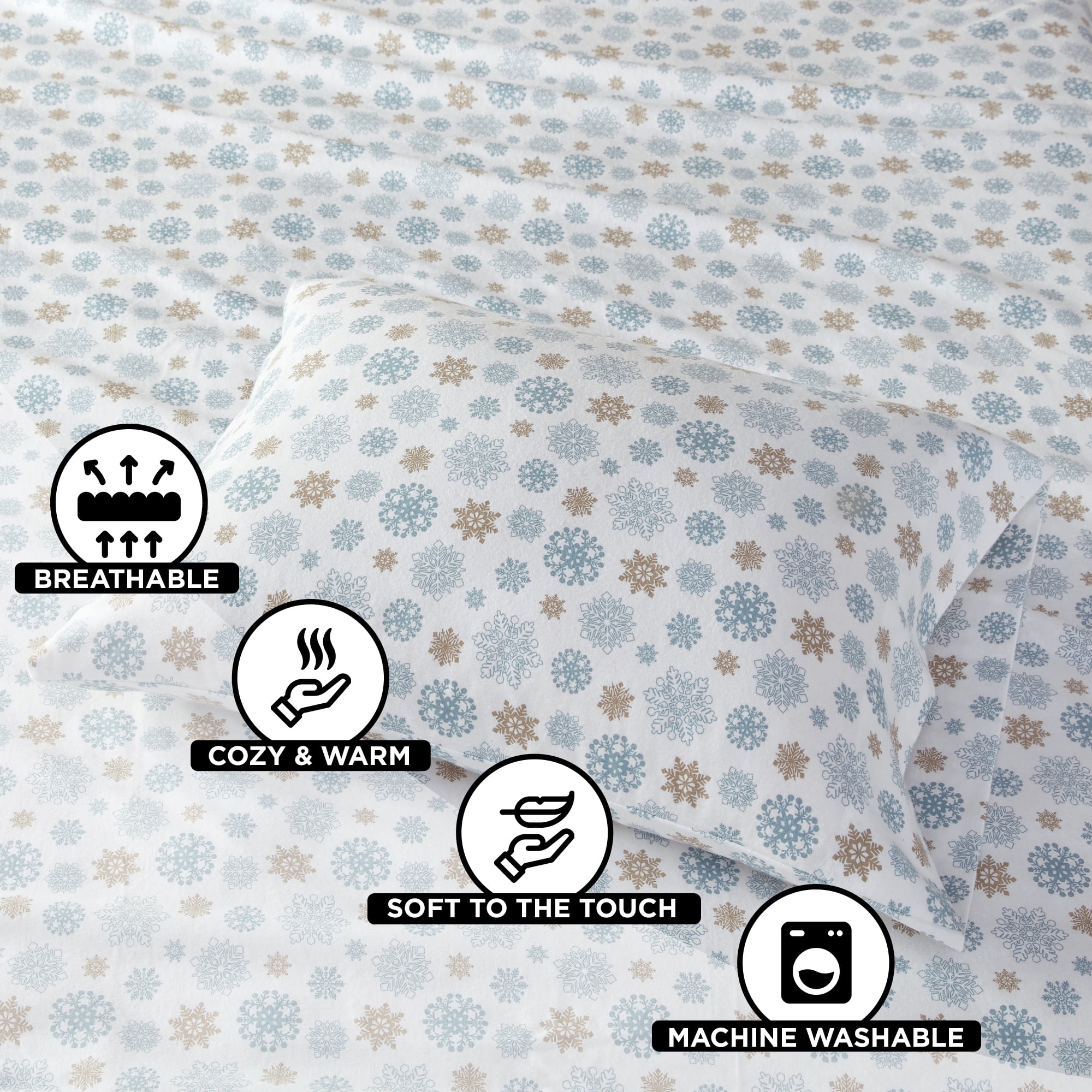 Regency Heights Full Size Cotton Flannel Sheet Set, 4-Piece Flannel Bed Sheets Full, 100% Cotton Bed Sheets Set with Deep Pocket, Tan/Blue Snowflakes