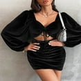 thumbnail image 2 of Robe Formelle en Velours pour Femmes avec Cordon de Serrage, Manches Longues, Robe de Soirée, 2 of 5