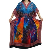 Mogul Women's Caftan Dress Blue Printed Kimono Style Sleepwear House Dress