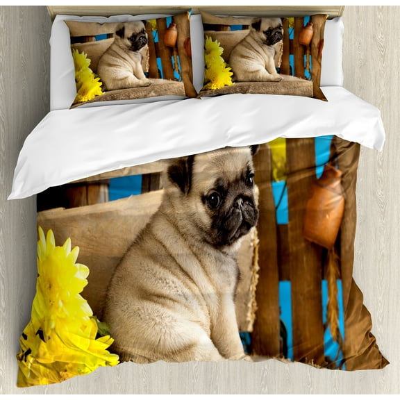 Pug Duvet Cover Set, Puppy Photography with Sad Dog and Wildflowers on a Park Bench, Decorative 3 Piece Bedding Set with 2 Pillow Shams, King Size, Pale Brown Yellow Blue, by Ambesonne