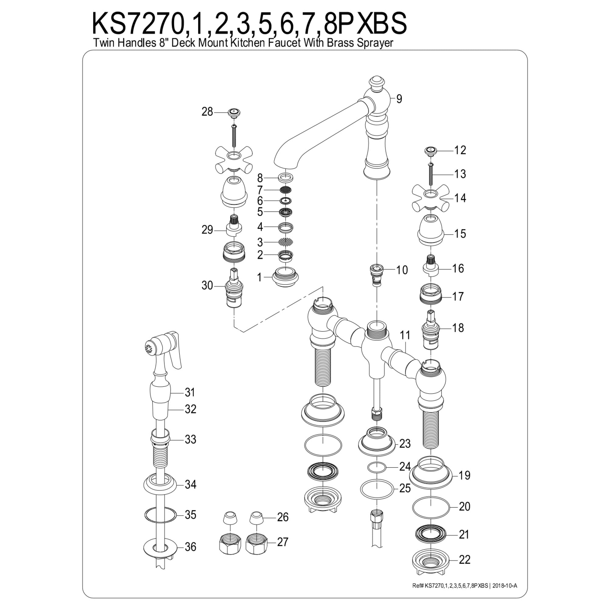 Kingston Brass KS7278PXBS English Country Bridge Kitchen Faucet with Brass Side Sprayer, Brushed Nickel
