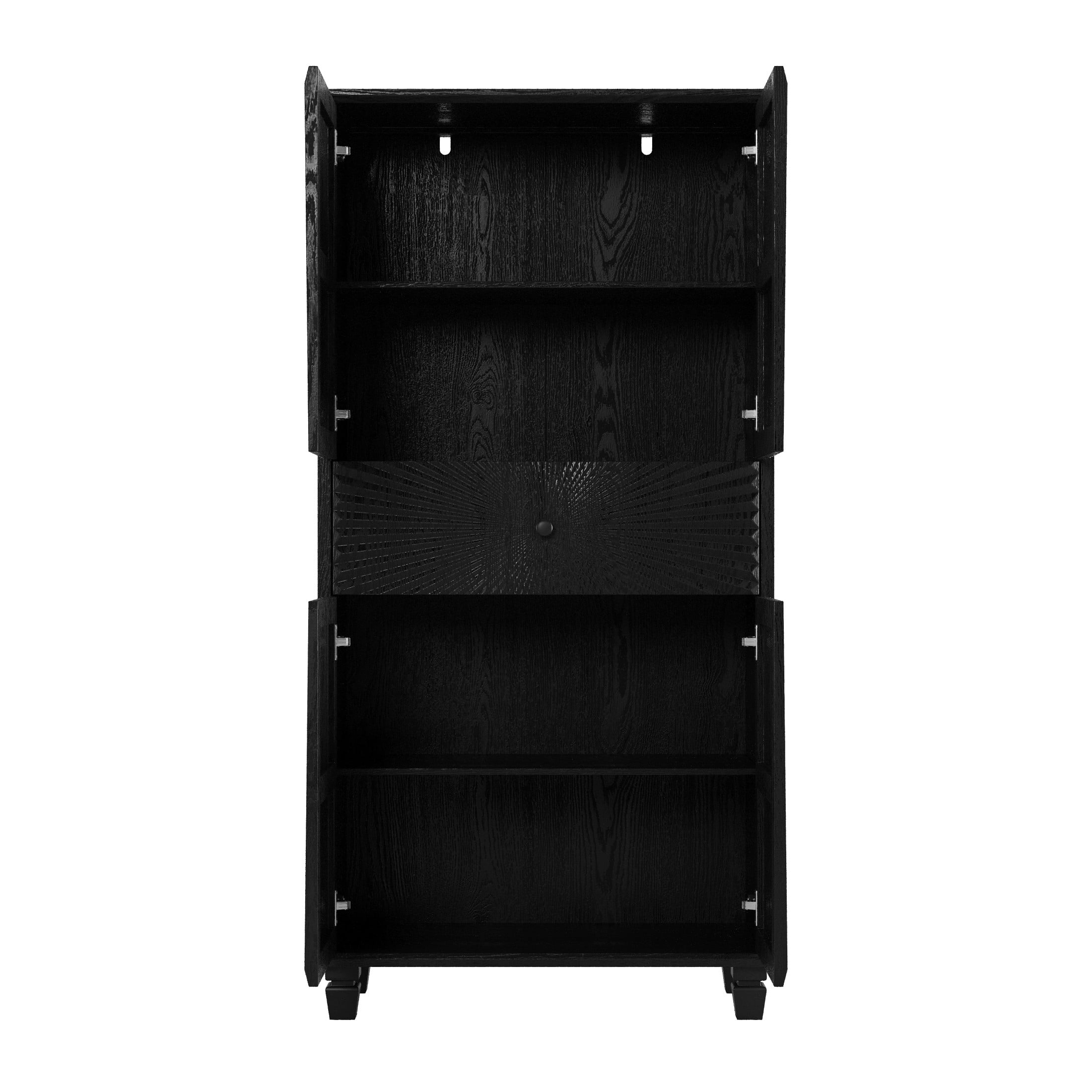 Noble House Neris 4-Door Tall Accent Buffet Cabinet with Storage Drawer, 3D Radial Pattern Hollow Sideboard, Black